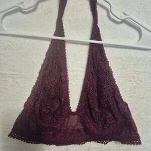 Victoria’s Secret Lace Halter Bralette L – Wine Purple Crochet Mesh Romantic